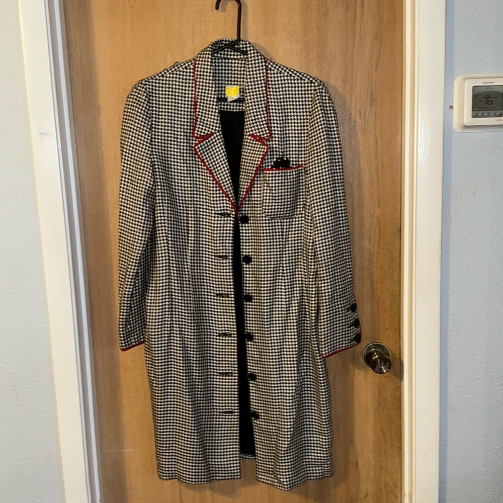 Vintage Houndstooth Duster Jacket Coat Dress Rayon Satin Lining USA Size 8